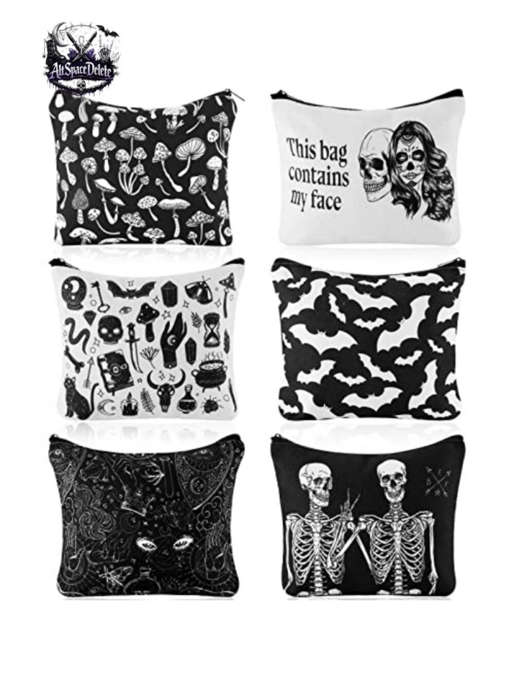 6 Pc Gothic Canvas Makeup Bag Set Halloween Cosmetic Pouch Gift